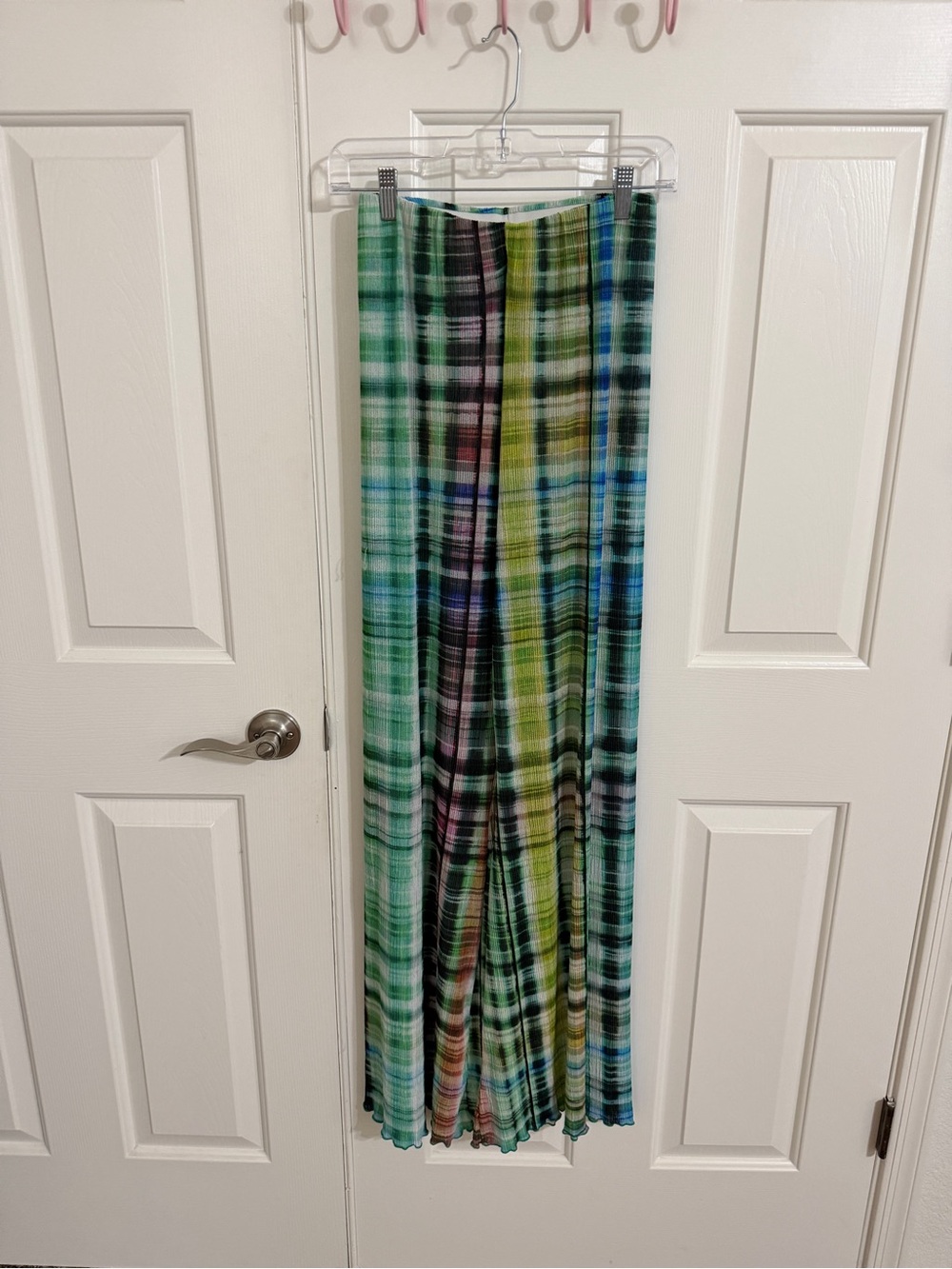 Urban Outfitters S Green Plaid Sheer Mesh Plisse Wide Leg Pants Y2K Festival